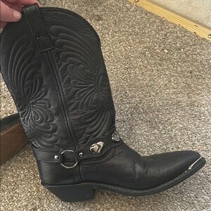 Embroidered Black Leather Heeled Boots